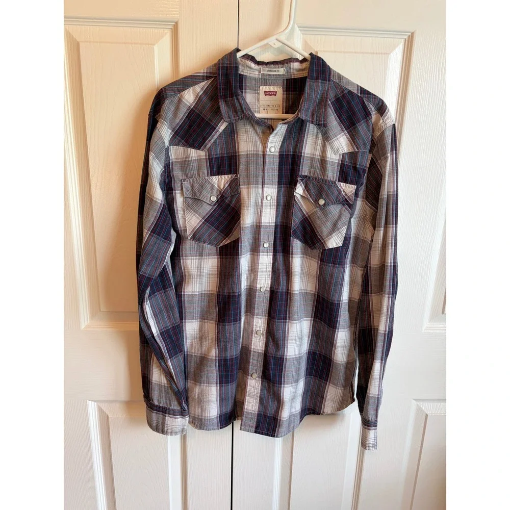Levis Mens Western Plaid Pearl Snap Shirt Navy Red White Long Sleeve Large